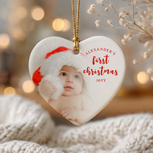 Red Baby’s First Christmas Photo Heart Ceramic Ornament