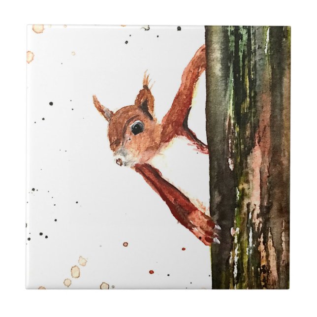 Red Baby Squirrel watercolor Animal Wildlife Tile (Front)