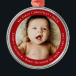 Red Baby's First Christmas 1 photo Birth date Metal Ornament<br><div class="desc">Celebrate your little one's first holiday with this Red Baby's First Christmas 1-Photo Birth Date Holiday Ornament. This adorable keepsake features a space to personalize with your baby's photo and birth date, making it a cherished memory to hang on your Christmas tree year after year. The classic red design and...</div>