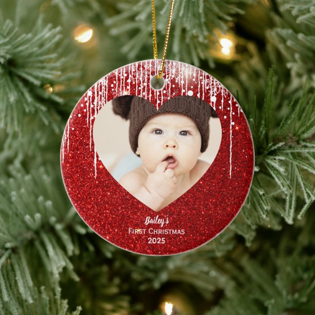 Red Baby's First Christmas Heart Photo Name  Ceramic Ornament (Tree)