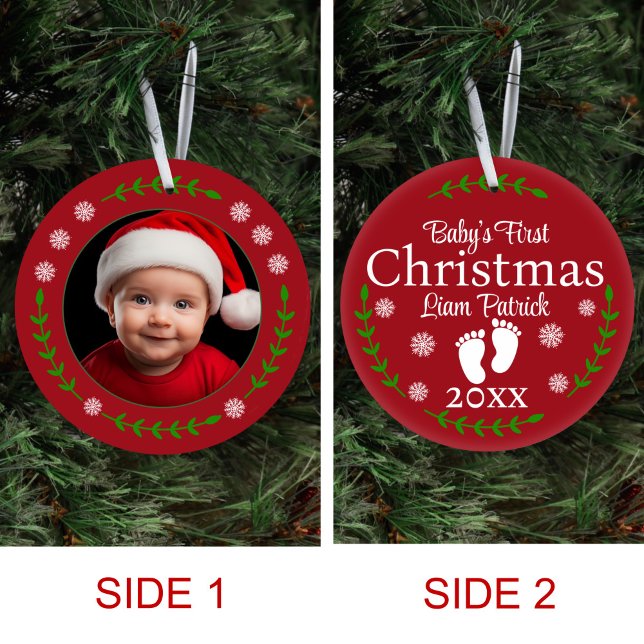 Red Babys First Christmas Photo Snowflake & Laurel Ceramic Ornament (Creator Uploaded)