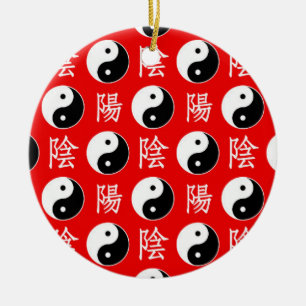 Red Background Chinese Yinyang Pattern Ceramic Ornament