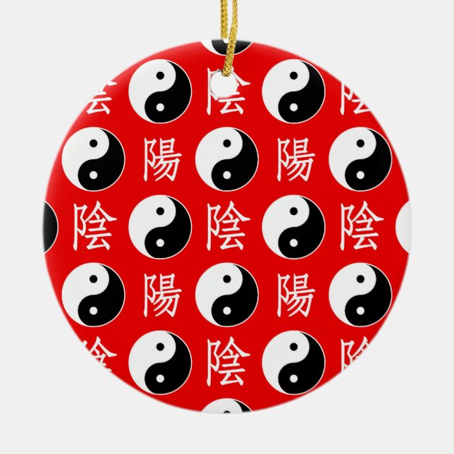 Red Background Chinese Yinyang Pattern Ceramic Ornament (Front)