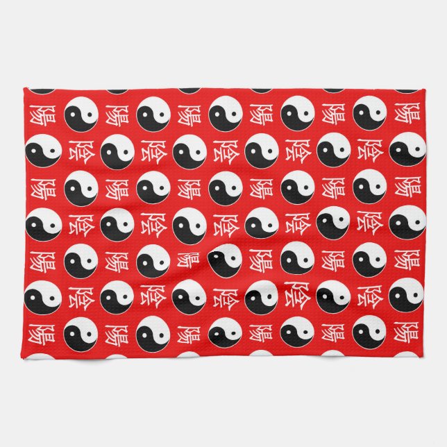 Red Background Chinese Yinyang Pattern Kitchen Towel (Horizontal)