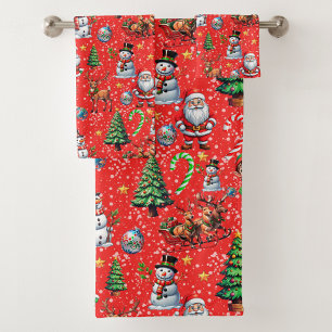 Red Background Christmas Decorative Pattern Bath Towel Set