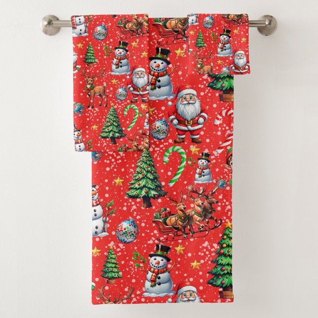 Red Background Christmas Decorative Pattern Bath Towel Set (Creator Uploaded)