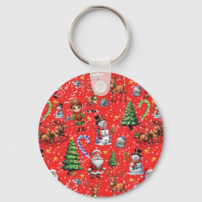 Red Background Christmas Decorative Pattern Keychain (Front)