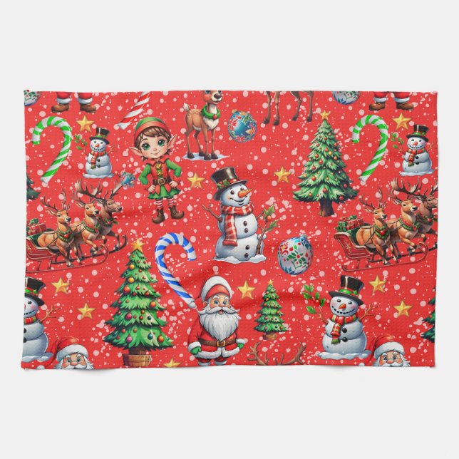 Red Background Christmas Decorative Pattern Kitchen Towel (Horizontal)