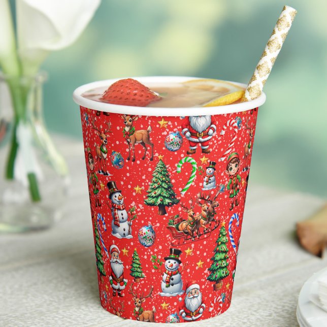 Red Background Christmas Decorative Pattern Paper Cups (Creator Uploaded)