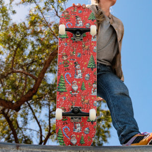 Red Background Christmas Decorative Pattern Skateboard