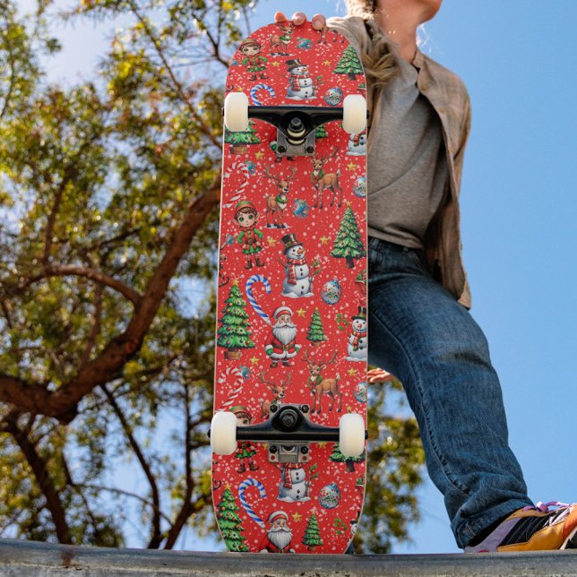 Red Background Christmas Decorative Pattern Skateboard (Creator Uploaded)