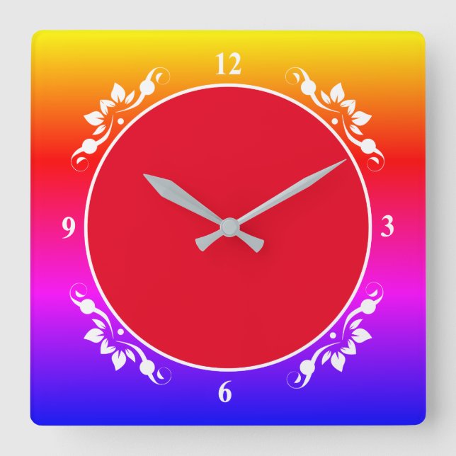 Red Background & Multi-Coloured Clock Face Sq Cloc (Front)