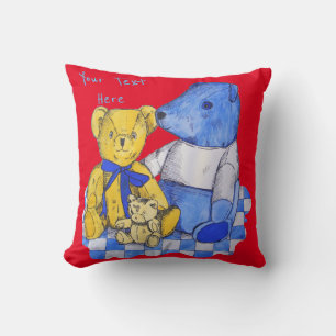 red background three cute teddies for kiddies throw pillow