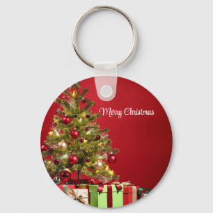 Red Background With Decorative Christmas Tree Keychain