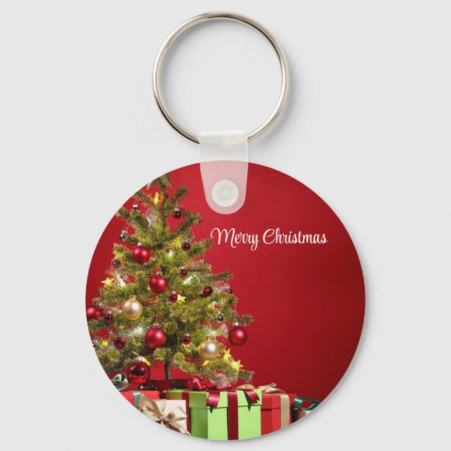 Red Background With Decorative Christmas Tree Keychain (Front)