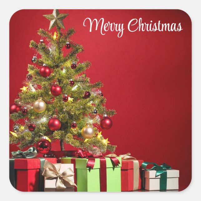Red Background With Decorative Christmas Tree Square Sticker (Front)