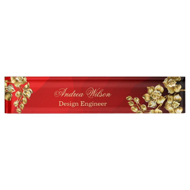 Red background with gold roses personalized nameplate (Front)