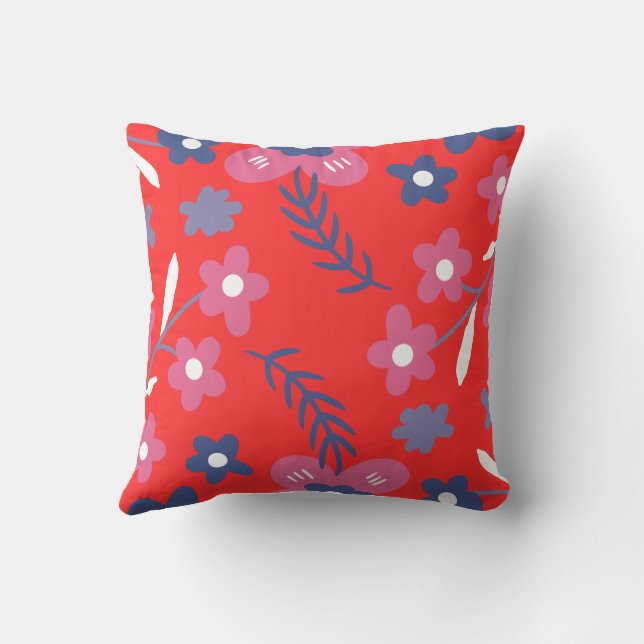 Red Background with Pink and Blue Abstract Flowers Throw Pillow (Back)