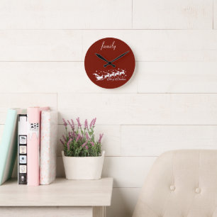 Red Background with Santa Claus and Reindeer Round Clock