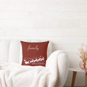 Red Background with Santa Claus and Reindeer Throw Pillow