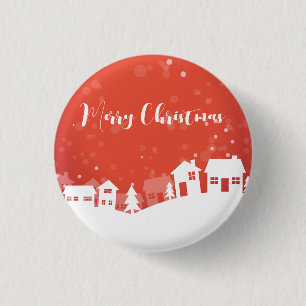 Red Background with Snowflakes and Houses 1 Inch Round Button