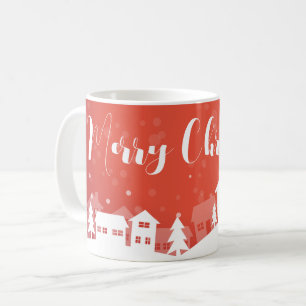Red Background with Snowflakes and Houses Coffee Mug