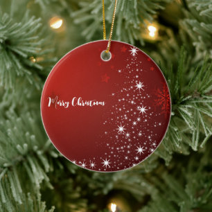 Red Background with Starry Christmas Tree Ceramic Ornament