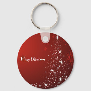 Red Background with Starry Christmas Tree Keychain