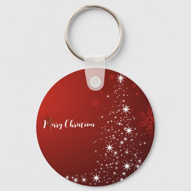 Red Background with Starry Christmas Tree Keychain (Front)