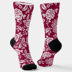 Red Background with White Floral Socks
