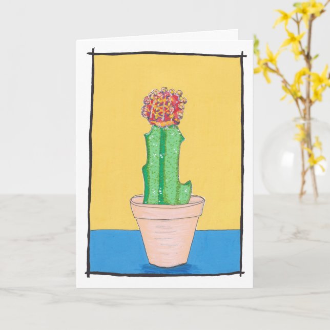 Red ball cactus, naive art drawing, cute card (Yellow Flower)