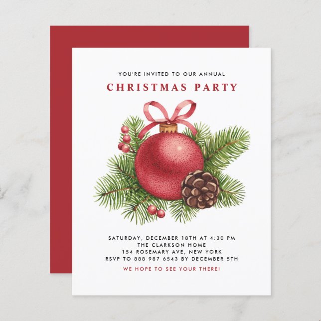 Red Ball Ornament Christmas Party Invitation (Front/Back)