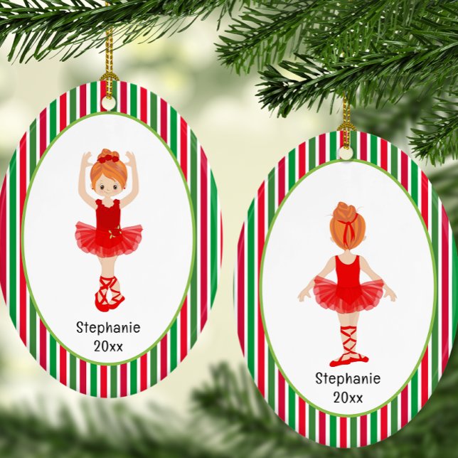 Red Ballerina Stripes Personalized Christmas Ceramic Ornament (Red Ballerina Stripes Personalized Christmas Ceramic Ornament)