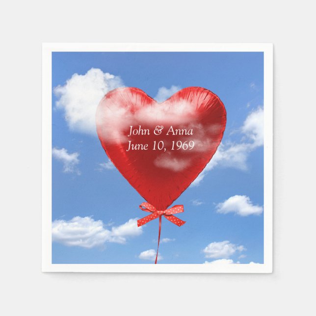 red balloon heart in clouds for anniversary napkin (Front)