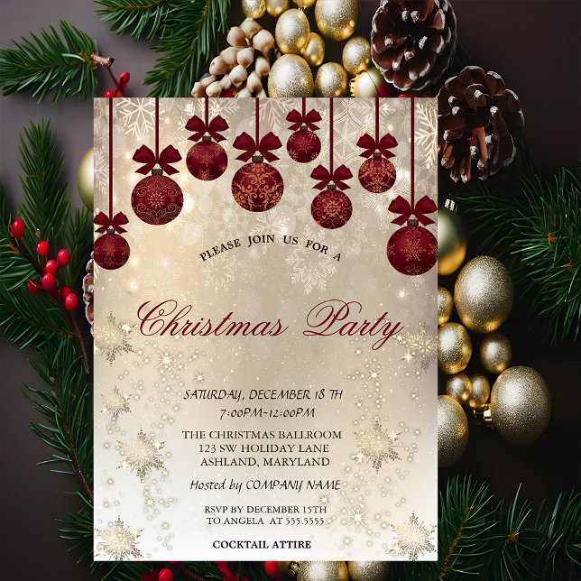 Red Balls,Bow Snowflakes Gold Christmas Invitation (Creator Uploaded)