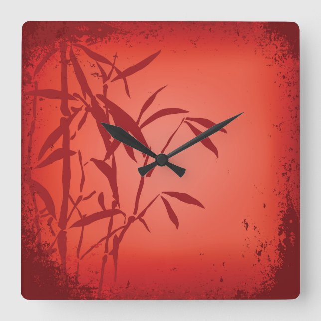 Red bamboo grunge square clock (Front)