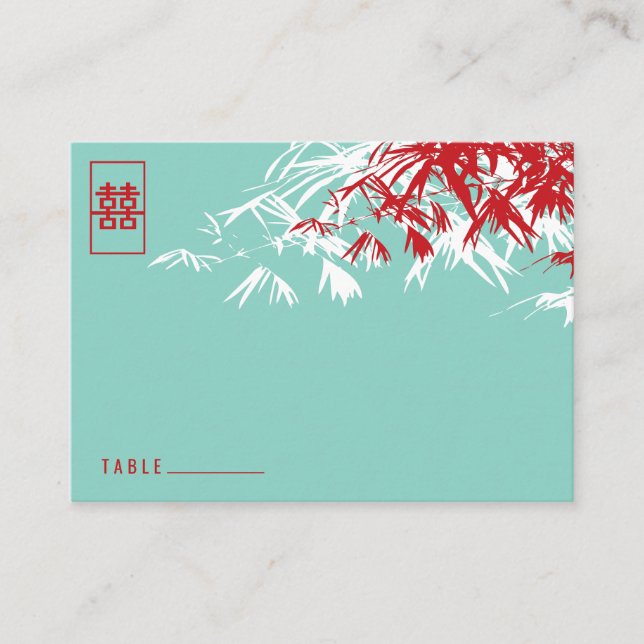 Red Bamboo Leaves Double Happiness Chinese Wedding Place Card (Front)