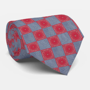 Red Bandana and Denim Block Print Tie