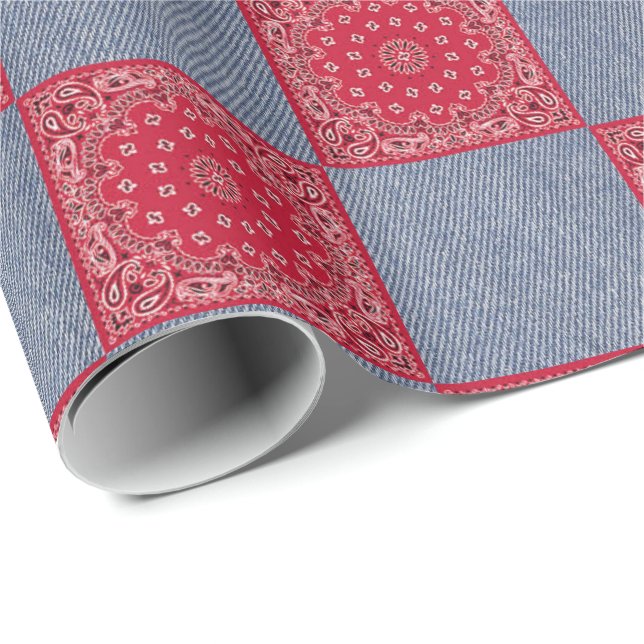 Red Bandana And Denim Print Wrapping Paper (Roll Corner)