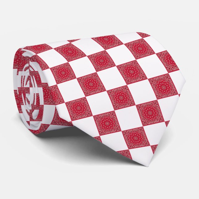 Red Bandana and White Block Print Tie (Rolled)