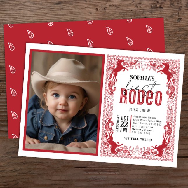 Red Bandana First Rodeo Photo Invitation – Cowboy  (Red Redo Birthday Party Invite)
