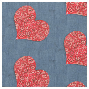 Red Bandana Heart Denim Combo Fabric