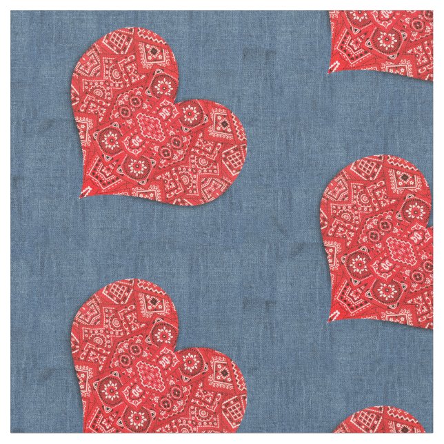 Red Bandana Heart Denim Combo Fabric (Close Up)