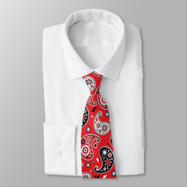 Red Bandana Paisley Elegant Country Western Tie (Tied)