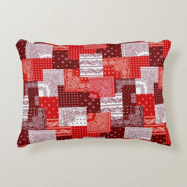 Red Bandana Patchwork Paisley Sewing Pattern Accent Pillow (Front)