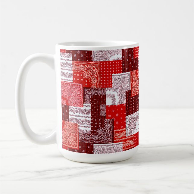 Red Bandana Patchwork Paisley Sewing Pattern Coffee Mug (Left)