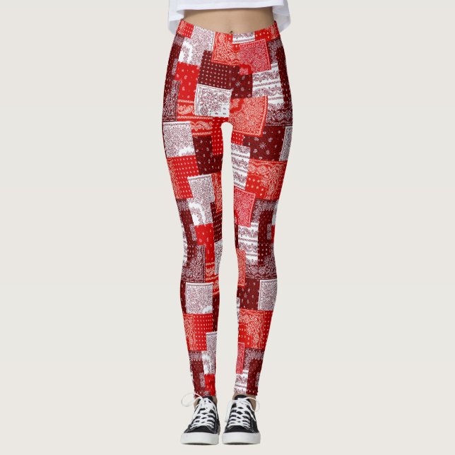 Red Bandana Patchwork Paisley Sewing Pattern Leggings (Front)
