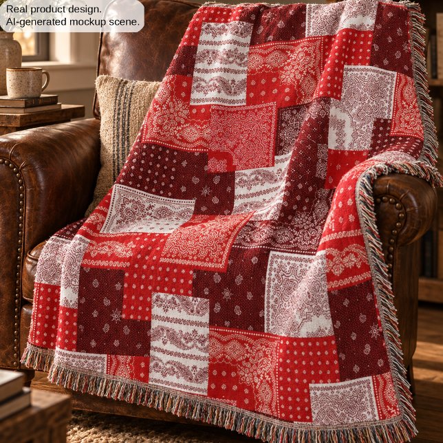 Red Bandana Patchwork Paisley Sewing Pattern Throw Blanket (Creator Uploaded)