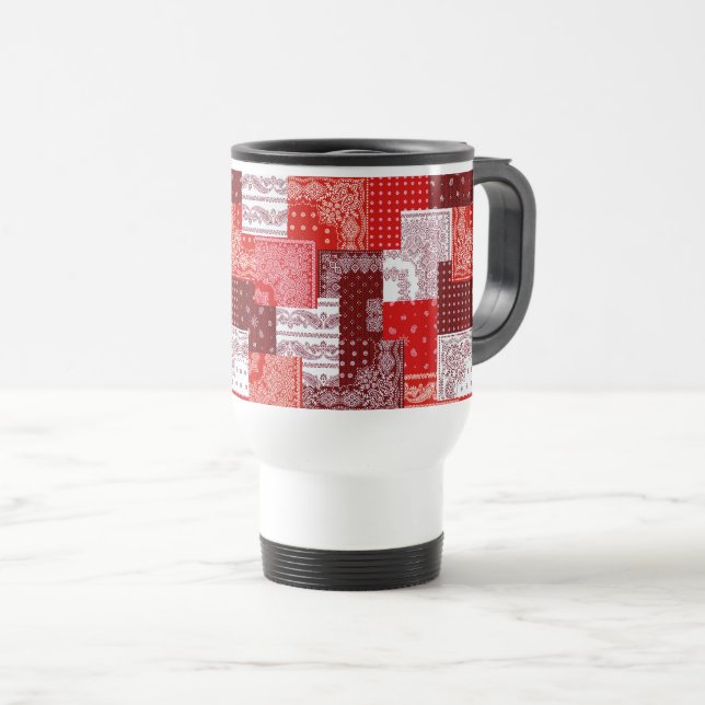 Red Bandana Patchwork Paisley Sewing Pattern Travel Mug (Front Right)
