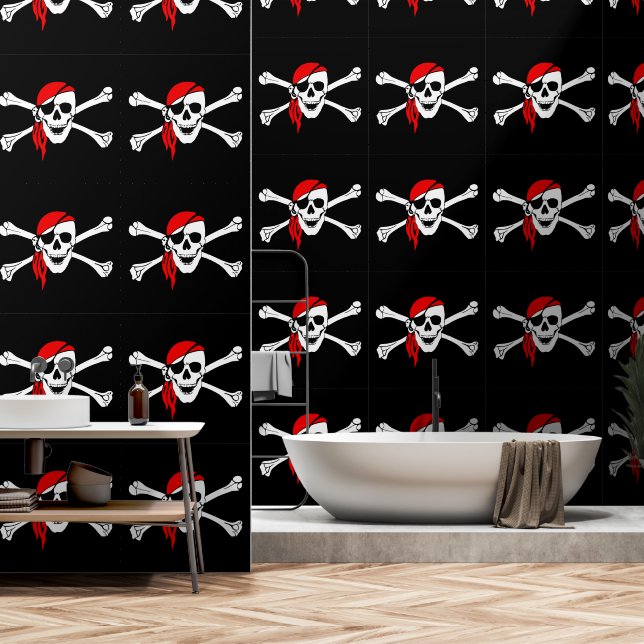 Red Bandana Pirate Flag Black Wallpaper (Bathroom)